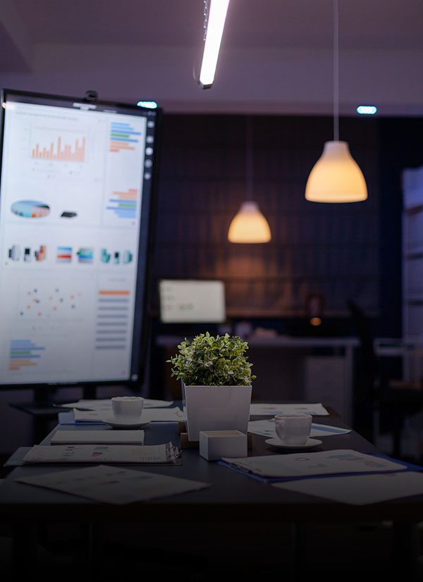 Empty business company office meeting room with nobody in it having presentation monitor