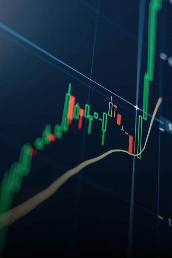 Crypto trading market chart with technical price graph and indicator, green candlestick going up